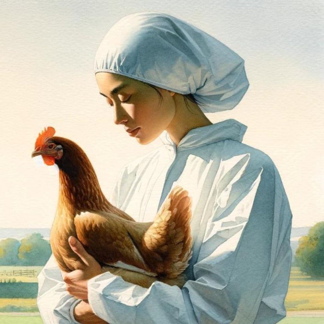 watercolor render of a woman in a biosecurity white suit holding a brown hen 